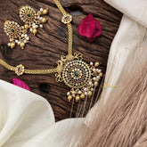 Vriksham Addigai Gold Pendant Short Neckpiece-Gold bead and Pearl-Red Green-G17940